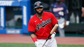 CLEVELAND, OH - AUGUST 26: Carlos Santana #41 of the Cleveland Indians is walked by starting pitcher José Berríos #17 of the Minnesota Twins during the first inning at Progressive Field on August 26, 2020 in Cleveland, Ohio. (Photo by Ron Schwane/Getty Images)