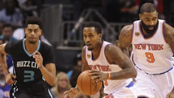 Nov 26, 2016; Charlotte, NC, USA; New York Knicks guard Brandon Jennings (3) brings the ball down court during the first half of the game against the Charlotte Hornets at the Spectrum Center. Mandatory Credit: Sam Sharpe-USA TODAY Sports