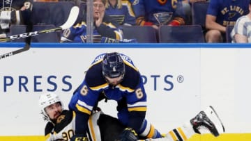 ST LOUIS, MISSOURI - JUNE 01: Marcus Johansson #90 of the Boston Bruins gets hit by Joel Edmundson #6 of the St. Louis Blues during the third period in Game Three of the 2019 NHL Stanley Cup Final at Enterprise Center on June 01, 2019 in St Louis, Missouri. (Photo by Bruce Bennett/Getty Images)
