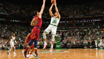 BOSTON, MA - MAY 15: Abdel Nader #28 of the Boston Celtics shoots the ball against the Cleveland Cavaliers during Game Two of the Eastern Conference Finals of the 2018 NBA Playoffs on May 15, 2018 at the TD Garden in Boston, Massachusetts. NOTE TO USER: User expressly acknowledges and agrees that, by downloading and or using this photograph, User is consenting to the terms and conditions of the Getty Images License Agreement. Mandatory Copyright Notice: Copyright 2018 NBAE (Photo by Jesse D. Garrabrant/NBAE via Getty Images)