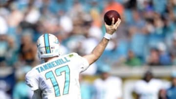 Oct 26, 2014; Jacksonville, FL, USA; Miami Dolphins quarterback Ryan Tannehill (17) throws the ball against the Jacksonville Jaguars at EverBank Field. Mandatory Credit: Richard Dole-USA TODAY Sports
