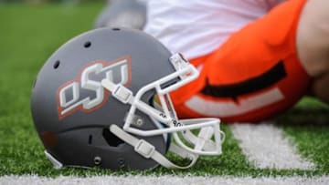 Dec 1, 2012; Waco, TX, USA; A view of a Oklahoma State Cowboys helmet before the game between the Baylor Bears and the Cowboys at Floyd Casey Stadium. The Bears defeated the Cowboys 41-34. Mandatory Credit: Jerome Miron-USA TODAY Sports