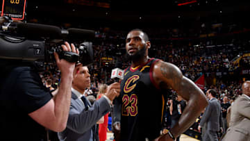 CLEVELAND, OH - MAY 5: LeBron James #23 of the Cleveland Cavaliers talks with the media after Game Three of the Eastern Conference Semi Finals of the 2018 NBA Playoffs against the Toronto Raptors on May 5, 2018 at Quicken Loans Arena in Cleveland, Ohio. NOTE TO USER: User expressly acknowledges and agrees that, by downloading and/or using this Photograph, user is consenting to the terms and conditions of the Getty Images License Agreement. Mandatory Copyright Notice: Copyright 2018 NBAE (Photo by David Liam Kyle/NBAE via Getty Images)