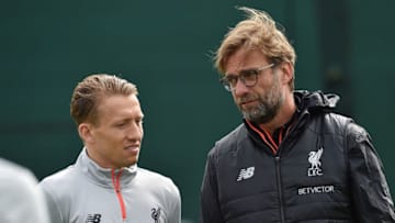 LIVERPOOL, ENGLAND - APRIL 21: (THE SUN OUT, THE SUN ON SUNDAY OUT) Jurgen Klopp manager of Liverpool talks with Lucas Leiva during a training session at Melwood Training Ground on April 21, 2017 in Liverpool, England. (Photo by Andrew Powell/Liverpool FC via Getty Images)