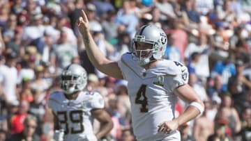 January 31, 2016; Honolulu, HI, USA; Team Rice quarterback Derek Carr of the Oakland Raiders (4) celebrates after a play in front of wide receiver Amari Cooper of the Oakland Raiders (89) during the second quarter of the 2016 Pro Bowl game at Aloha Stadium. Mandatory Credit: Kyle Terada-USA TODAY Sports