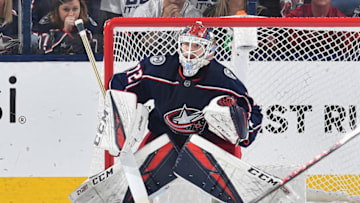 COLUMBUS, OH - MAY 6: Goaltender Sergei Bobrovsky #72 of the Columbus Blue Jackets defends the net against the Boston Bruins in Game Six of the Eastern Conference Second Round during the 2019 NHL Stanley Cup Playoffs on May 6, 2019 at Nationwide Arena in Columbus, Ohio. (Photo by Jamie Sabau/NHLI via Getty Images)