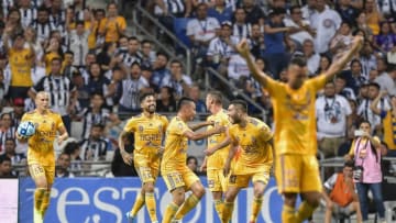 The Tigres celebrates after Andre-Pierre Gignac scored late to clinch the Clasico Regio for the visitors. (Photo by Azael Rodriguez/Getty Images)