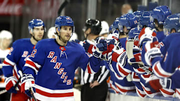 NEW YORK, NEW YORK - APRIL 22: Brendan Smith #42 of the New York Rangers celebrates his goal in the first period against the Philadelphia Flyers at Madison Square Garden on April 22, 2021 in New York City.The Philadelphia Flyers defeated the New York Rangers 3-2. (Photo by Elsa/Getty Images)