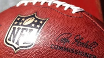 Sep 14, 2014; Landover, MD, USA; A view of an official football resting on the field prior to the game between the Jacksonville Jaguars and the Washington Redskins at FedEx Field. Mandatory Credit: Geoff Burke-USA TODAY Sports