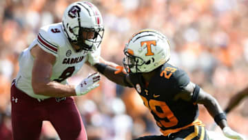 Tennessee defensive back Brandon Turnage (29) tries to get around **DUP** South Carolina tight end Nick Muse (9) during an NCAA college football game between the Tennessee Volunteers and the South Carolina Gamecocks in Knoxville, Tenn. on Saturday, Oct. 9, 2021.Kns Tennessee South Carolina Football