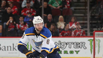 NEWARK, NEW JERSEY - MARCH 06: Marco Scandella #6 of the St. Louis Blues skates against the New Jersey Devils at the Prudential Center on March 06, 2020 in Newark, New Jersey. The Devils defeated the Blues 4-2. (Photo by Bruce Bennett/Getty Images)