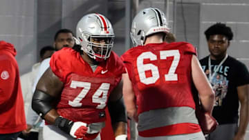 Mar 9, 2023; Columbus, Ohio, USA; Ohio State Buckeyes offensive lineman Donovan Jackson (74) runs during spring football practice at the Woody Hayes Athletic Center. Mandatory Credit: Adam Cairns-The Columbus DispatchFootball Buckeyes Spring Football