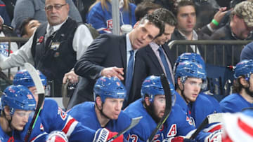 NEW YORK, NY - JANUARY 10: Head coach David Quinn of the New York Rangers gives instructions to his players on the bench during the game against the New York Islanders at Madison Square Garden on January 10, 2019 in New York City. The New York Islanders won 4-3. (Photo by Jared Silber/NHLI via Getty Images)