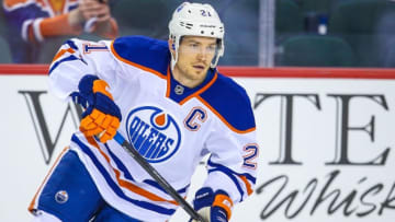 Dec 31, 2014; Calgary, Alberta, CAN; Edmonton Oilers defenseman Andrew Ference (21) skates during the warmup period against the Calgary Flames at Scotiabank Saddledome. Mandatory Credit: Sergei Belski-USA TODAY Sports