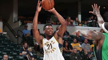 INDIANAPOLIS, IN - OCTOBER 10: Thaddeus Young #21 of the Indiana Pacers shoots the ball during the preseason game against the Maccabi Haifa on October 10, 2017 at Bankers Life Fieldhouse in Indianapolis, Indiana. NOTE TO USER: User expressly acknowledges and agrees that, by downloading and or using this Photograph, user is consenting to the terms and conditions of the Getty Images License Agreement. Mandatory Copyright Notice: Copyright 2017 NBAE (Photo by Ron Hoskins/NBAE via Getty Images)
