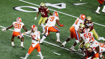 CHESTNUT HILL, MA - NOVEMBER 10: Quarterback Trevor Lawrence #16 of the Clemson Tigers looks to pass during the second quarter of the game against the Boston College Eagles at Alumni Stadium on November 10, 2018 in Chestnut Hill, Massachusetts. (Photo by Omar Rawlings/Getty Images)