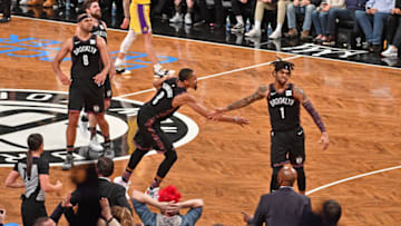 Brooklyn Nets Spencer Dinwiddie D'Angelo Russell. Mandatory Copyright Notice: Copyright 2018 NBAE (Photo by Jesse D. Garrabrant/NBAE via Getty Images)