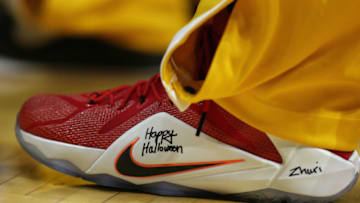 CHICAGO, IL - OCTOBER 31: LeBron James #23 of the Cleveland Cavaliers has "Happy Halloween" written on the side of his shoe during a game against the Chicago Bulls at the United Center on October 31, 2014 in Chicago, Illinois. The Cavaliers defeated the Bulls 114-108 in overtime. NOTE TO USER: User expressly acknowledges and agrees that, by downloading and or using this photograph, User is consenting to the terms and conditions of the Getty Images License Agreement. (Photo by Jonathan Daniel/Getty Images).
