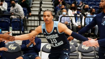 WASHINGTON, DC - FEBRUARY 19: Ishmael Leggett #10 of the Rhode Island Rams is introduced before during a college basketball game against the George Washington Colonials at the Smith Center on February 19, 2022 in Washington, DC. (Photo by Mitchell Layton/Getty Images)