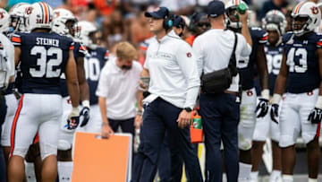 Auburn football head coach Bryan Harsin during a break in the action at Jordan-Hare Stadium in Auburn, Ala., on Saturday, Sept. 11, 2021. Auburn Tigers leads Alabama State Hornets 20-0 at halftime.