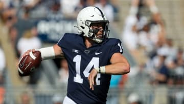 Sep 11, 2021; University Park, Pennsylvania, USA; Penn State Nittany Lions quarterback Sean Clifford (14) throws a pass during the first quarter against the Ball State Cardinals at Beaver Stadium. Mandatory Credit: Matthew OHaren-USA TODAY Sports