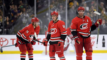LOS ANGELES, CA - DECEMBER 02: Jordan Staal #11, Teuvo Teravainen #86 and Dougie Hamilton #19 of the Carolina Hurricanes react to the goal of Alec Martinez #27 of the Los Angeles Kings to take a 1-0 lead during the third period at Staples Center on December 2, 2018 in Los Angeles, California. The Kings would win 2-0. (Photo by Harry How/Getty Images)