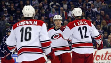 Jan 9, 2016; Columbus, OH, USA; Carolina Hurricanes right wing Andrej Nestrasil (15) celebrates a goal against the Columbus Blue Jackets during the first period at Nationwide Arena. Mandatory Credit: Russell LaBounty-USA TODAY Sports