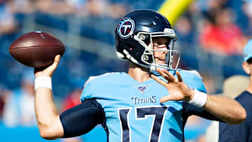 NASHVILLE, TN - OCTOBER 20: Ryan Tannehill #17 of the Tennessee Titans warms up before a game against the Los Angeles Chargers at Nissan Stadium on October 20, 2019 in Nashville, Tennessee. (Photo by Wesley Hitt/Getty Images)