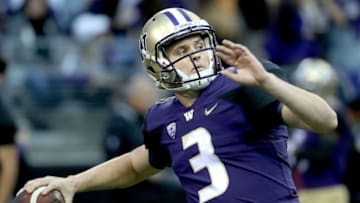 SEATTLE, WA - SEPTEMBER 22: Jake Browning #3 of the Washington Huskies warms up prior to taking on the Arizona State Sun Devils during their game at Husky Stadium on September 22, 2018 in Seattle, Washington. (Photo by Abbie Parr/Getty Images)