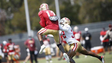 SANTA CLARA, CA - AUGUST 18: Jauan Jennings #17 of the San Francisco 49ers makes a reception as Jamar Taylor #32 defends during training camp at the SAP Performance Facility on August 18, 2020 in Santa Clara, California. (Photo by Michael Zagaris/San Francisco 49ers/Getty Images)