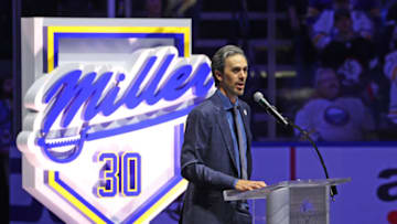 Jan 19, 2023; Buffalo, New York, USA; Former Buffalo Sabres goaltender Ryan Miller speaks to the crowd as he has his number retired before a game between the Buffalo Sabres and the New York Islanders at KeyBank Center. Mandatory Credit: Timothy T. Ludwig-USA TODAY Sports
