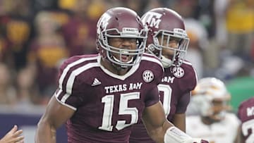 Sep 5, 2015; Houston, TX, USA; Texas A&M Aggies defensive lineman Myles Garrett (15) celebrates his sack against Arizona State Sun Devils quarterback Mike Bercovici (2) (not pictured)in the first quarter at NRG Stadium. Mandatory Credit: Thomas B. Shea-USA TODAY Sports