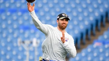 Nov 21, 2021; Orchard Park, New York, USA; Buffalo Bills quarterback Jake Fromm (4) warms up prior to the game against the Indianapolis Colts at Highmark Stadium. Mandatory Credit: Rich Barnes-USA TODAY Sports