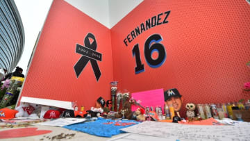 Sep 26, 2016; Miami, FL, USA; A memorial of signed shirts and hats are placed outside a gate at Marlins Park in honor of Miami Marlins starting pitcher Jose Fernandez who was killed in a boating accident. Mandatory Credit: Jasen Vinlove-USA TODAY Sports