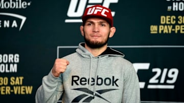 LAS VEGAS, NV - DECEMBER 28: Khabib Nurmagomedov of Russia poses for the media during the UFC 219 Ultimate Media Day inside T-Mobile Arena on December 28, 2017 in Las Vegas, Nevada. (Photo by Jeff Bottari/Zuffa LLC/Zuffa LLC via Getty Images)