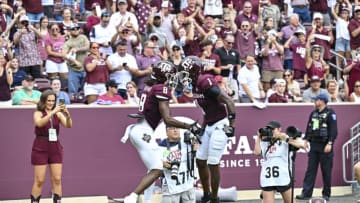 Sep 3, 2022; College Station, Texas, USA; Texas A&M Aggies wide receiver Yulkeith Brown (8) celebrates after his touchdown during the first quarter against the Sam Houston State Bearkats at Kyle Field. Mandatory Credit: Maria Lysaker-USA TODAY Sports