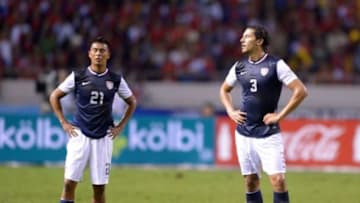 Sep 6, 2013; San Jose, COSTA RICA; United States players Michael Orozco (21) and Omar Gonzalez (3) react against Costa Rica in a FIFA World Cup Qualifier at Estadio Nacional. Costa Rica defeated the United States 3-1. Mandatory Credit: Kirby Lee-USA TODAY Sports