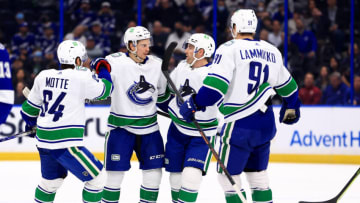 TAMPA, FLORIDA - JANUARY 13: Matthew Highmore #15 of the Vancouver Canucks celebrates a goal during a game against the Tampa Bay Lightning at Amalie Arena on January 13, 2022 in Tampa, Florida. (Photo by Mike Ehrmann/Getty Images)