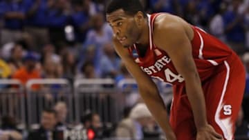 Mar 20, 2014; Orlando, FL, USA; North Carolina State Wolfpack forward T.J. Warren (24) reacts during the second half of a men