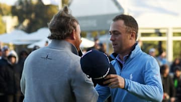 PACIFIC PALISADES, CALIFORNIA - FEBRUARY 17: J.B. Holmes (L) and Justin Thomas hug after completing the final round of the Genesis Open at Riviera Country Club on February 17, 2019 in Pacific Palisades, California. (Photo by Harry How/Getty Images)