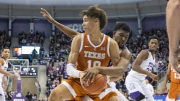 FORT WORTH, TX - JANUARY 23: Texas Longhorns forward Jaxson Hayes (#10) makes a move on TCU Horned Frogs forward Kevin Samuel (#21) during the Big 12 college basketball game between the TCU Horned Frogs and the Texas Longhorns on January 23, 2019 at Ed & Rae Schollmaier Arena in Fort Worth, Texas. (Photo by Matthew Visinsky/Icon Sportswire via Getty Images)