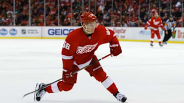 Nov 8, 2015; Detroit, MI, USA; Detroit Red Wings left wing Teemu Pulkkinen (56) takes a shot against the Dallas Stars at Joe Louis Arena. Mandatory Credit: Rick Osentoski-USA TODAY Sports