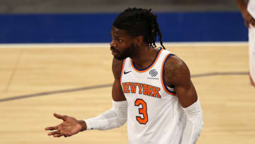 NEW YORK, NEW YORK - MAY 15: Nerlens Noel #3 of the New York Knicks reacts after he was called for a technical foul after an altercation with Cody Zeller #40 of the Charlotte Hornets at Madison Square Garden on May 15, 2021 in New York City.NOTE TO USER: User expressly acknowledges and agrees that, by downloading and or using this photograph, User is consenting to the terms and conditions of the Getty Images License Agreement. (Photo by Elsa/Getty Images)