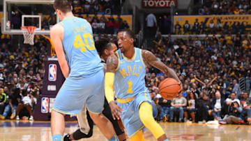 LOS ANGELES, CA - APRIL 4: Kentavious Caldwell-Pope #1 of the Los Angeles Lakers handles the ball against the San Antonio Spurs on April 4, 2018 at STAPLES Center in Los Angeles, California. NOTE TO USER: User expressly acknowledges and agrees that, by downloading and/or using this Photograph, user is consenting to the terms and conditions of the Getty Images License Agreement. Mandatory Copyright Notice: Copyright 2018 NBAE (Photo by Andrew D. Bernstein/NBAE via Getty Images)