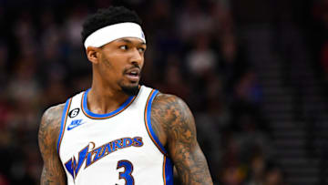 SALT LAKE CITY, UTAH - DECEMBER 22: Bradley Beal #3 of the Washington Wizards looks on during the first half of a game against the Utah Jazzat Vivint Arena on December 22, 2022 in Salt Lake City, Utah. NOTE TO USER: User expressly acknowledges and agrees that, by downloading and or using this photograph, User is consenting to the terms and conditions of the Getty Images License Agreement. (Photo by Alex Goodlett/Getty Images)