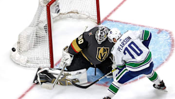 EDMONTON, ALBERTA - SEPTEMBER 04: Robin Lehner #90 of the Vegas Golden Knights stops a shot against Tanner Pearson #70 of the Vancouver Canucks during the third period in Game Seven of the Western Conference Second Round during the 2020 NHL Stanley Cup Playoffs at Rogers Place on September 04, 2020 in Edmonton, Alberta, Canada. (Photo by Bruce Bennett/Getty Images)