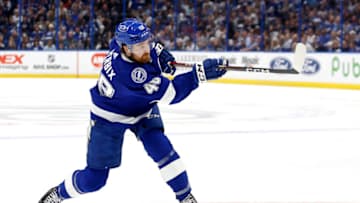 TAMPA, FLORIDA - APRIL 22: Nick Perbix #48 of the Tampa Bay Lightning shoots in the second period during Game Three of the First Round of the 2023 Stanley Cup Playoffs against the Toronto Maple Leafs at Amalie Arena on April 22, 2023 in Tampa, Florida. (Photo by Mike Ehrmann/Getty Images)