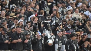 Dec 21, 2014; Oakland, CA, USA; Oakland Raiders fan Mark Acascio aka Gorilla Rilla cheers in the Black Hole end zone against the Buffalo Bills at O.co Coliseum. The Raiders defeated the Bills 26-24. Mandatory Credit: Kirby Lee-USA TODAY Sports