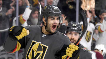 Max Pacioretty #67 and Chandler Stephenson #20 of the Vegas Golden Knights celebrate. (Photo by Ethan Miller/Getty Images)