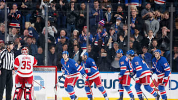 NEW YORK, NY - NOVEMBER 06: Chris Kreider #20 of the New York Rangers reacts after scoring a goal in the second period against the Detroit Red Wings at Madison Square Garden on November 6, 2019 in New York City. (Photo by Jared Silber/NHLI via Getty Images)